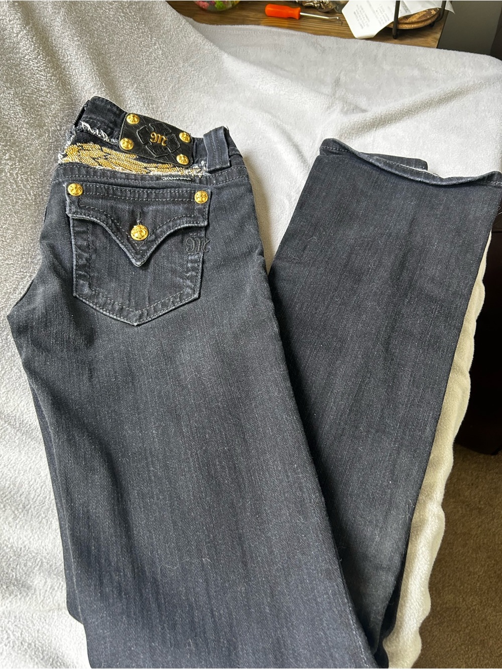 Miss Me Dark Gray Boot Cut Jeans with Gold Trim